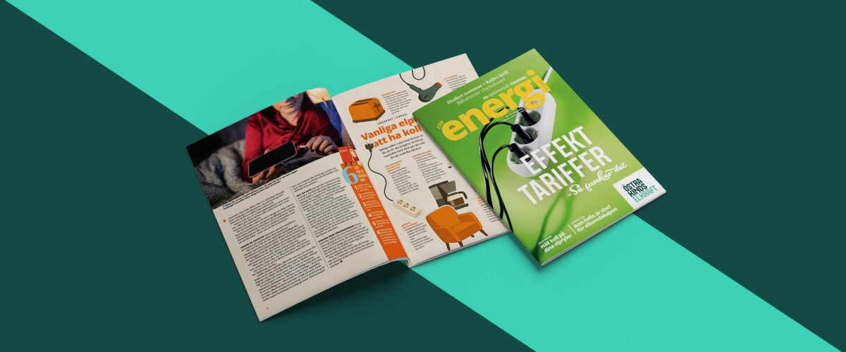 Omslag och uppslag av kundtidningen Din energi från Östra Kinds Elkraft på grön bakgrund.